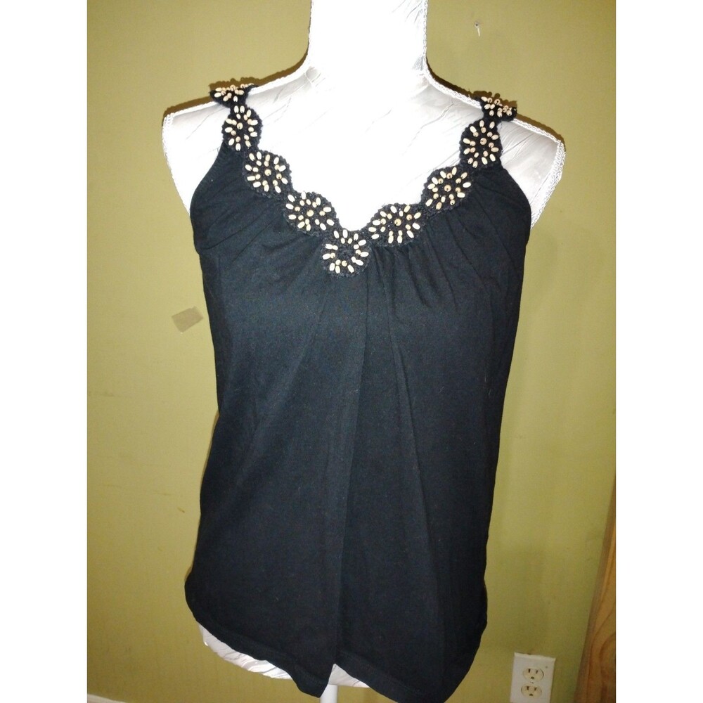 Willi Smith Black Tank Top Beaded Neckline Size S Feminine, Tribal, Form fitting